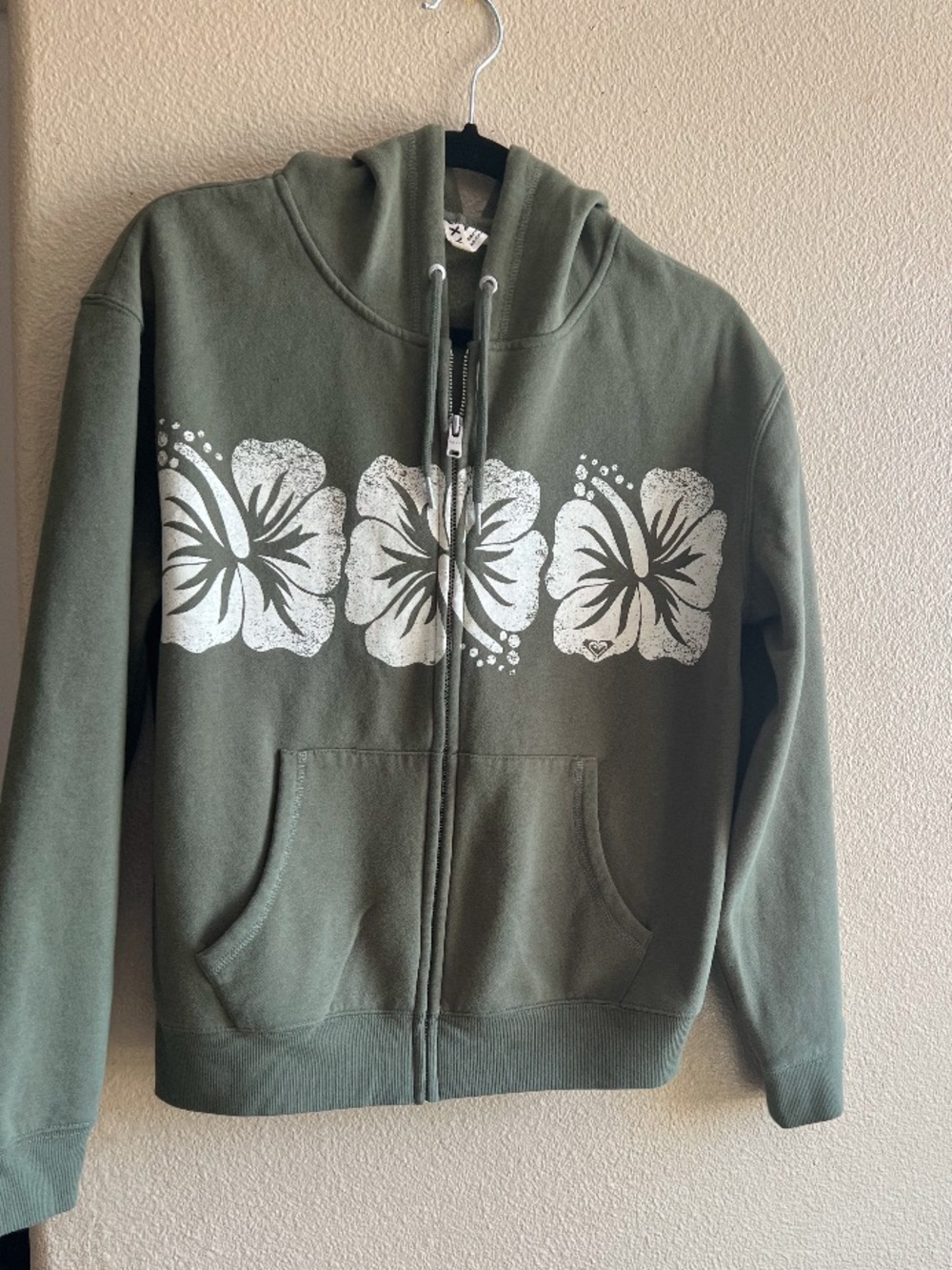 Roxy fleece zip up sweater with hood flower print green summer casual size M
